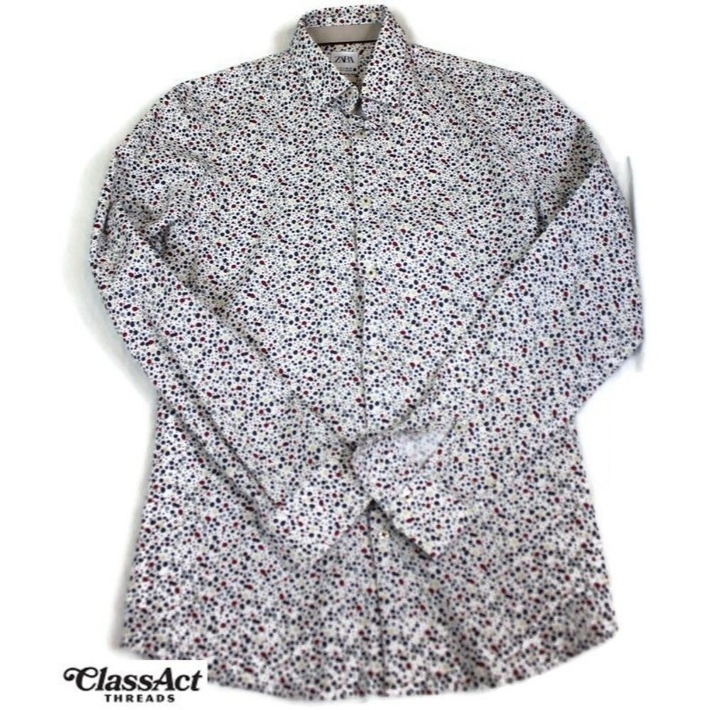 Zara Shirt Mens Small White Multicolor Dot Slim Fit Long Sleeve Button Up